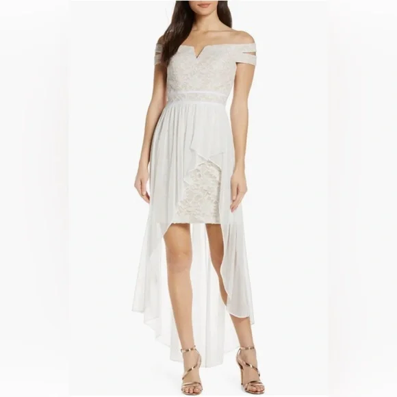 morgan and co off the shoulder dress Morgan & Co Spaghetti Strap Off-the-Shoulder Side Slit Satin Long Dress #411.3